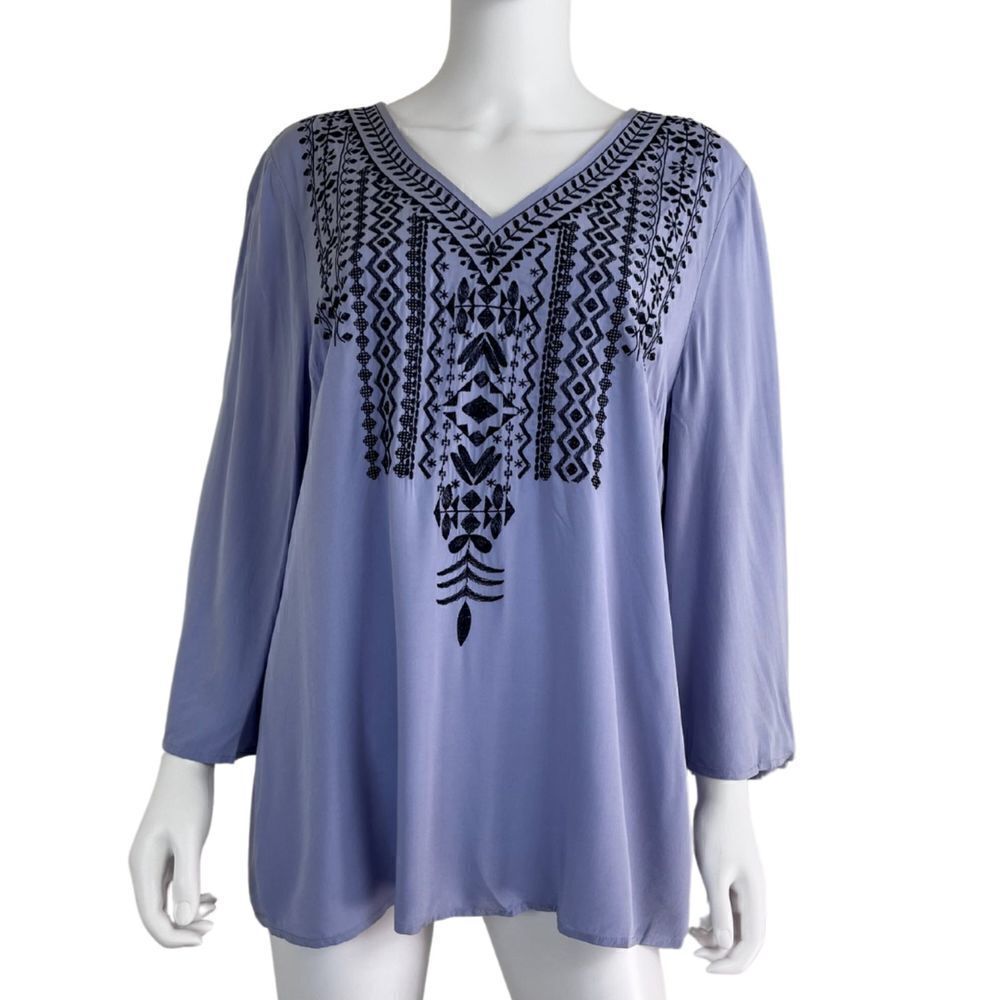 J Jill Size M Blue Embroidered Bell Sleeve Pullover Aztec Blouse NEW Top Coastal